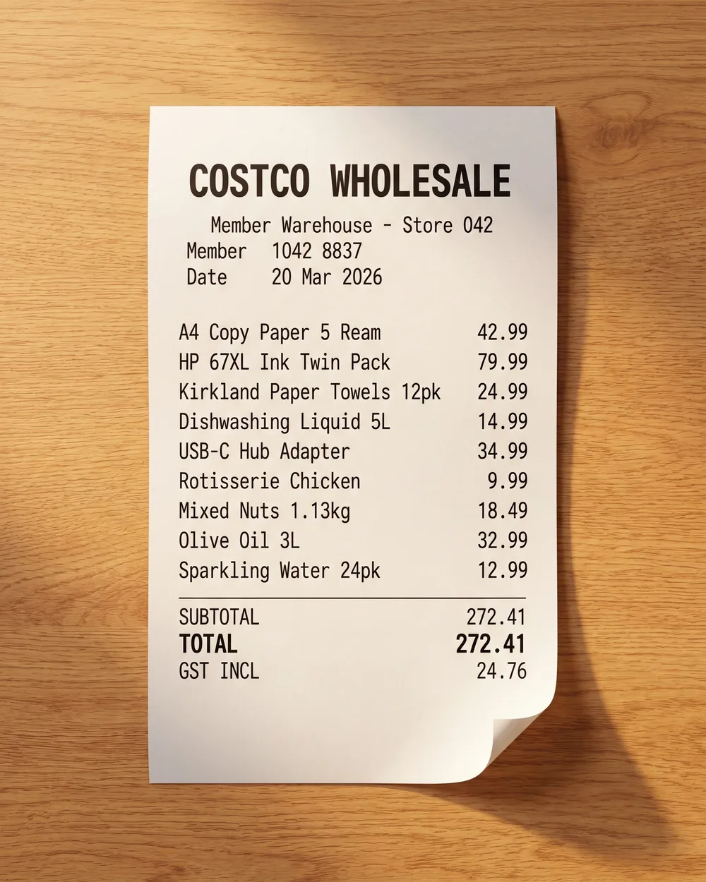 A Costco Wholesale receipt on a timber table — total $272.41, GST $24.76, dated 20 March 2026